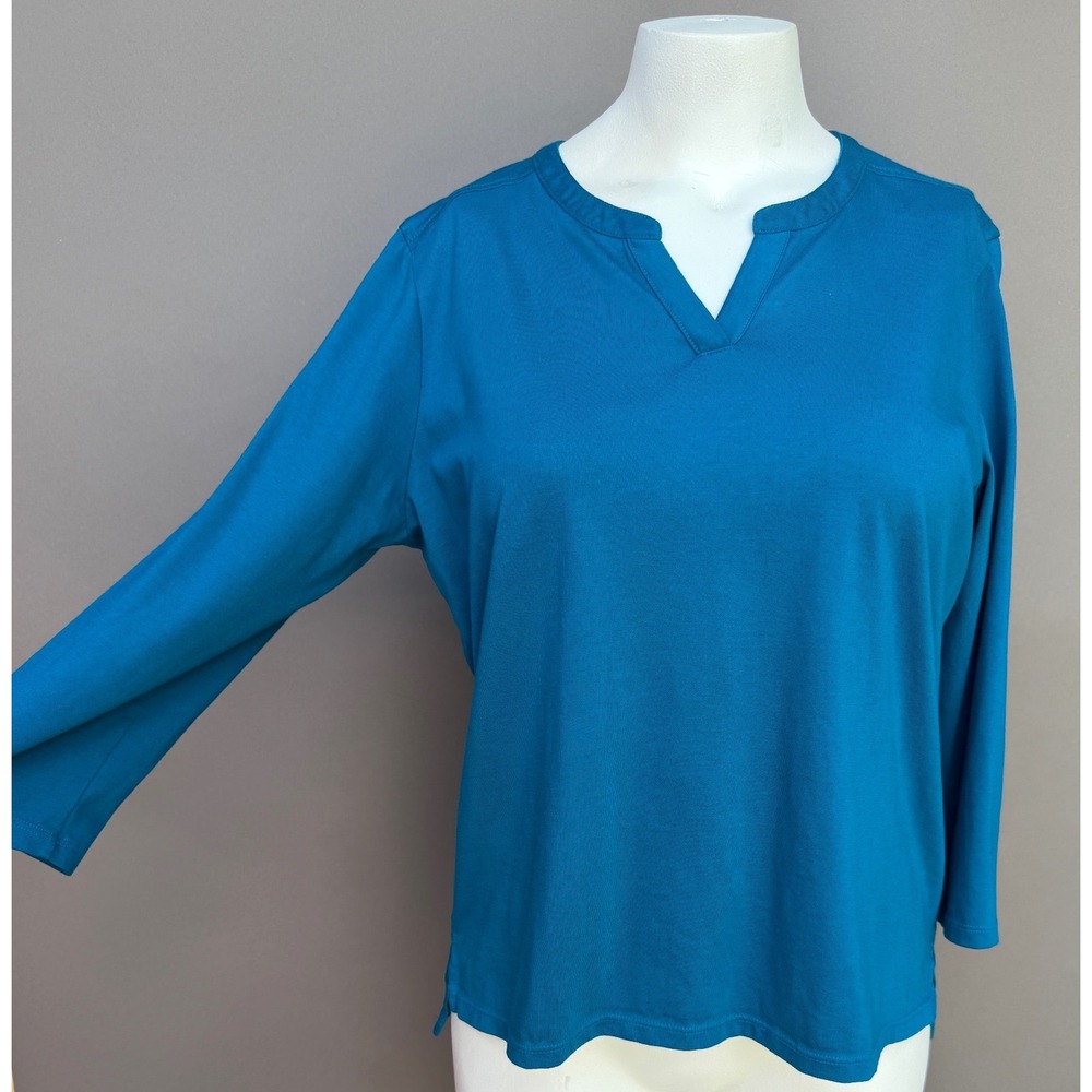 Lands End Teal Blue Split Neck 3/4 Sleeve Cotton Tee Shirt Medium Minimalist Top
